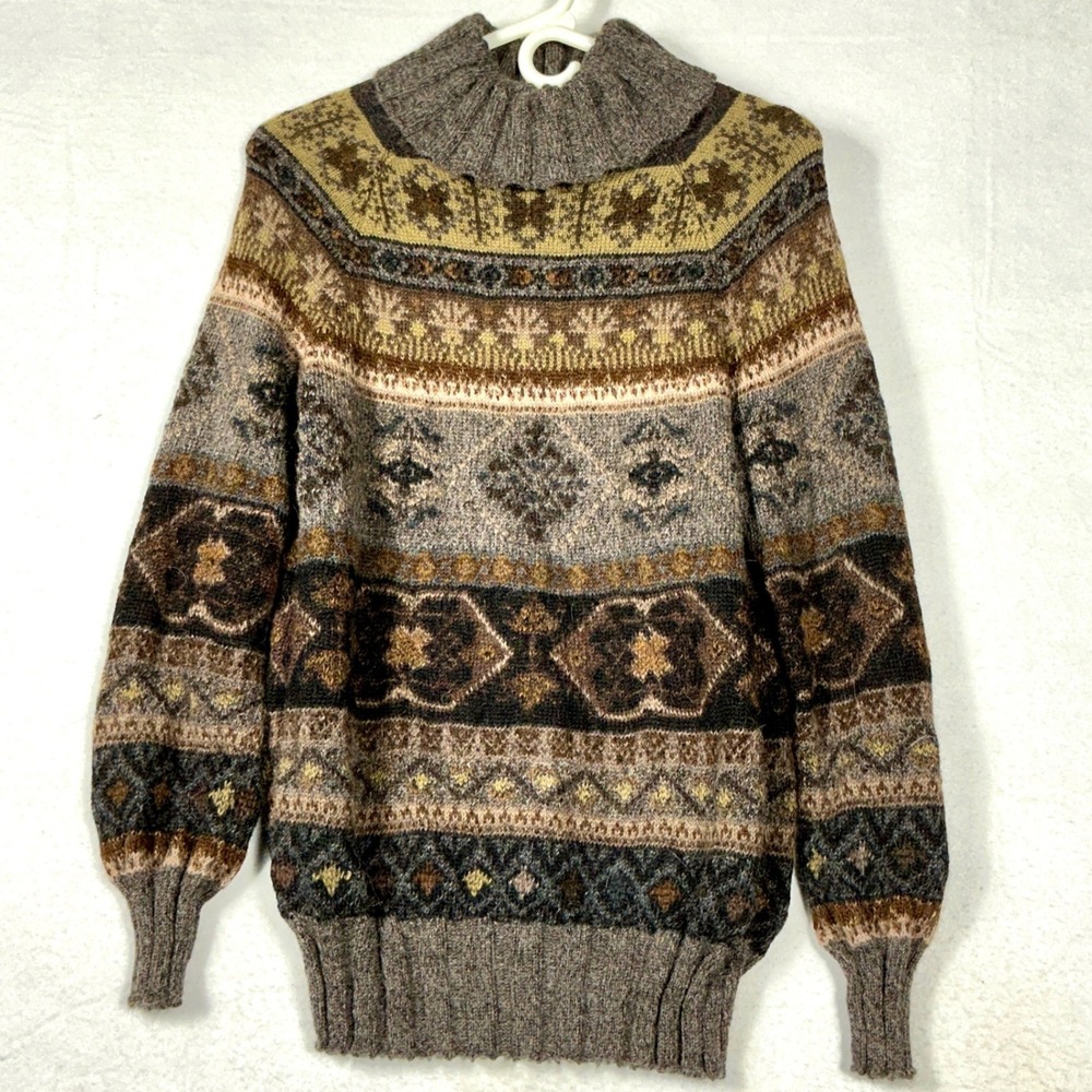 Peruvian Connection Size M Sweater Brown 100% Alpaca Fair Isle Mock Neck Womens